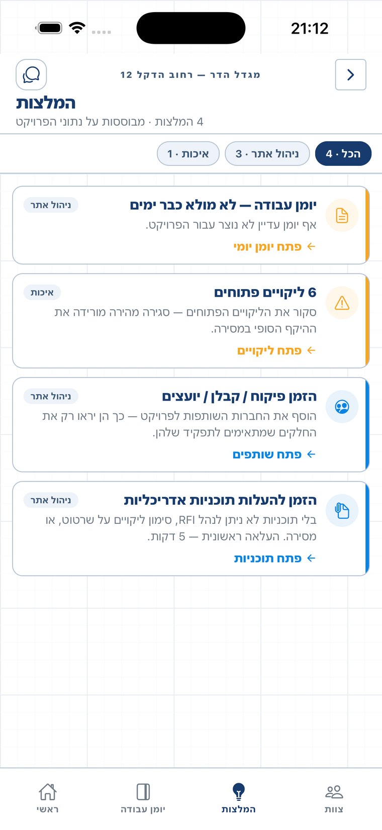 מסך ההמלצות: «מבוססות על נתוני הפרויקט», עם צ׳יפים לסינון לפי תחום — איכות וניהול אתר — וכרטיסי פעולה.